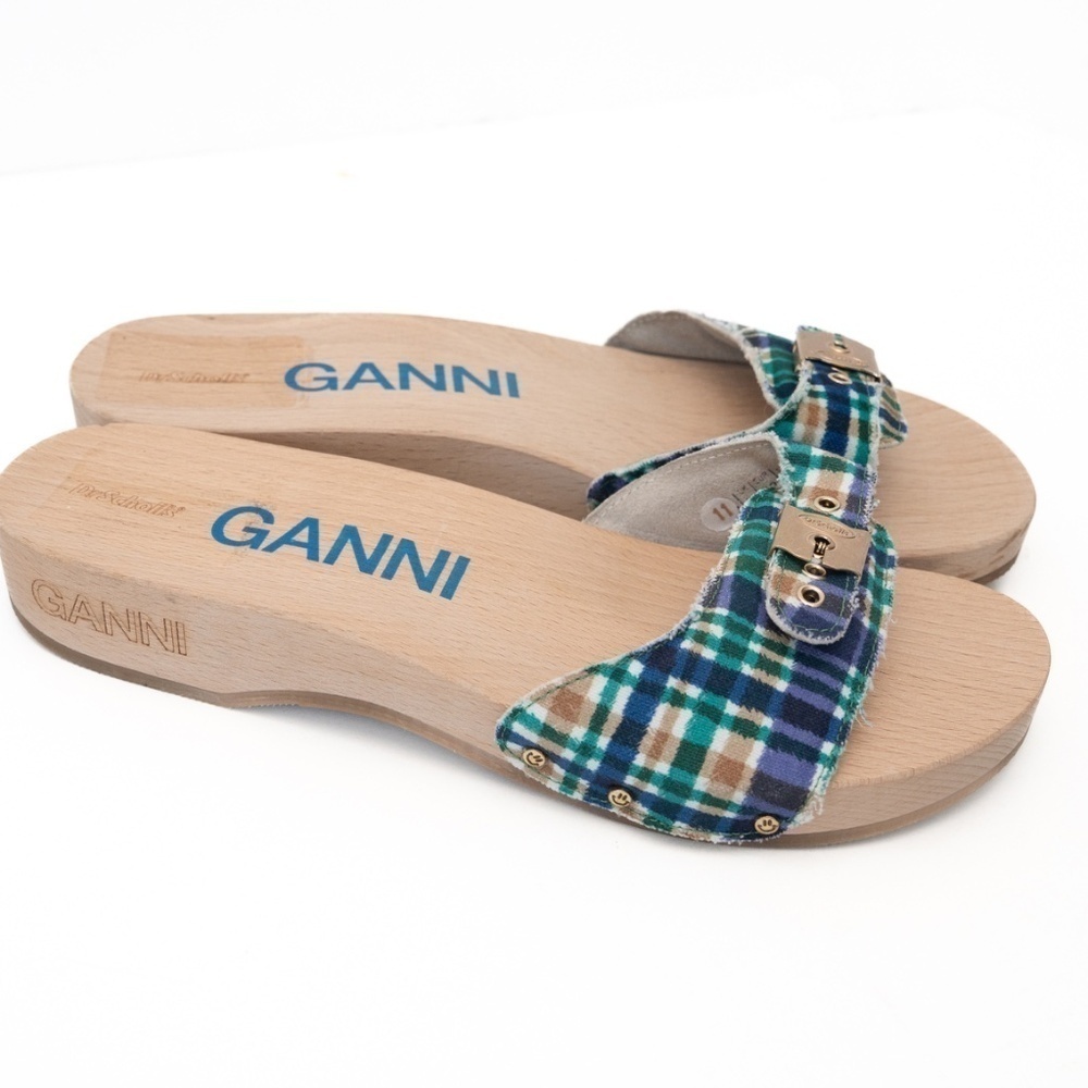 Ganni X Scholl. Wooden Clogs in Check Blue Iris. - Picture 4 of 11